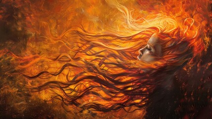 Fiery portrait of a woman embodying power and passion, her hair ablaze - obrazy, fototapety, plakaty