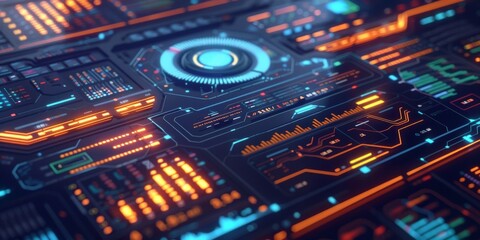 Fototapeta premium Futuristic dashboard with glowing data analytics, a cyber-tech control panel