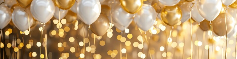 Golden and white balloons rise, casting a warm glow on a festive evening - obrazy, fototapety, plakaty