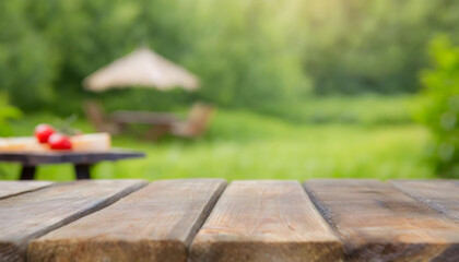 Fototapeta premium Wooden Table With Umbrella in Background. Generative AI