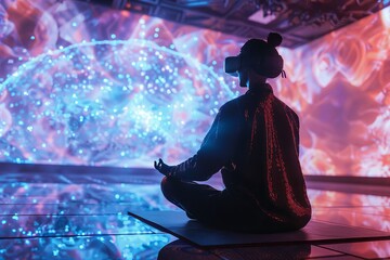 Holographic meditator in a virtual reality sanctuary, connecting with the digital divine
