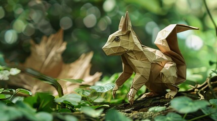 Obraz premium In a realistic city park, an origami squirrel scurries around, its paper form capturing the essence of urban wildlife amidst the greenery