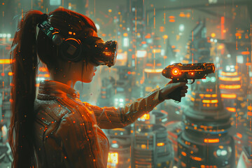 A Girl with gun in VR World, Futuristic city, VR Headset - Generative AI