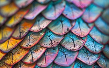 Macro shot of vibrant, colored scales conveying exotic luxury