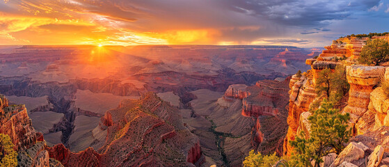 Vibrant colors fill the sky as the sun sets over the majestic Grand Canyon cliffs.