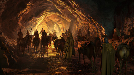 Ali Baba and the forty thieves enter the cave where their treasure is hidden, AI generated