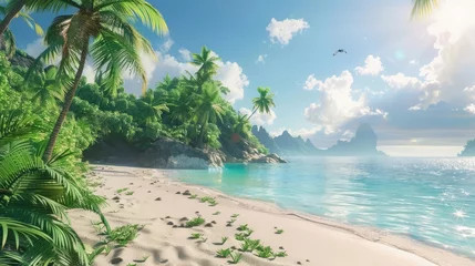  A lush tropical island in a video game, with sandy beaches and exotic wildlife, © Amer