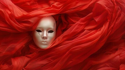 Timeless white mask, red fabric in motion, capturing the essence of a dramatic reveal