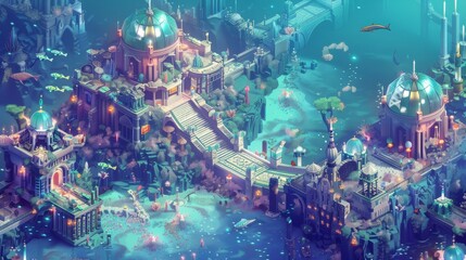 Undersea isometric Atlantis with crystal domes, merfolk, and ancient tech artifacts