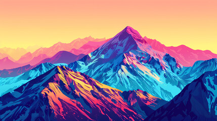 Bright Colorful Illustration of Mountain Range and Sky