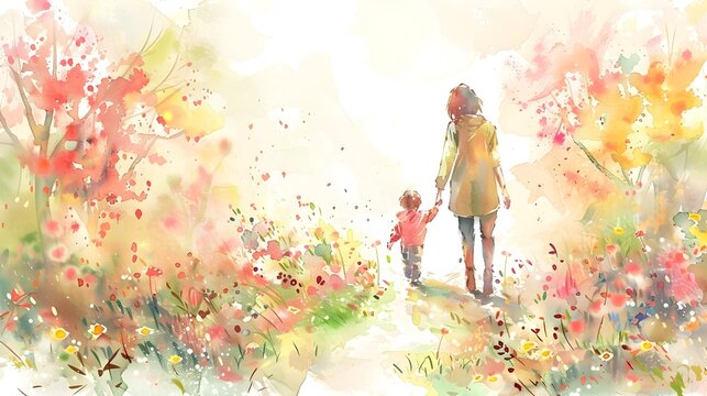 Mother and Child Strolling Through Blooming Spring Garden in Watercolor