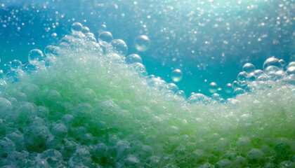 Fototapeta na wymiar Close-up of vibrant green and blue soap bubbles with a frothy texture.