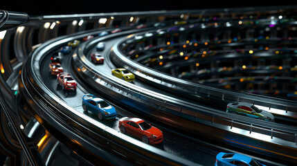 Giant steel bearing. Multi-colored cars drive around inside the arc, AI generated