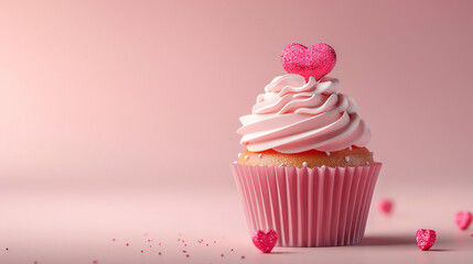 A closeup image of a pink cupcake with a heart-shaped pink icing on top.