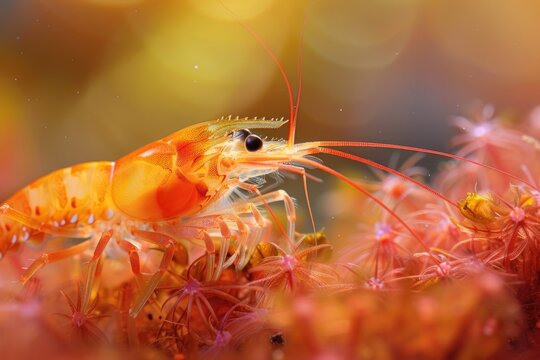 A vivid macro image of a marine shrimp navigating the rich textures of a coral reef