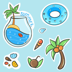 summer stickers isolated, set of summer elements in cartoon style