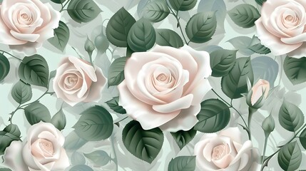 Elegant Pastel Rose Floral Pattern with Delicate Green Leaves for Classic Wallpaper and Textile Design