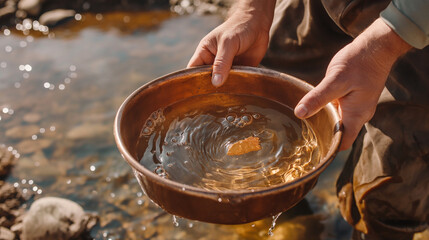 A large copper basin filled with water. In the basin there is a piece of native gold and an emery brush, AI generated
