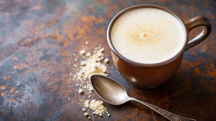 Close-up of a frothy cup of coffee on a rustic patina surface with spilled grains and an antique spoon.