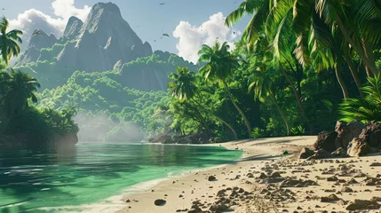 Fototapete Rund A lush tropical island in a video game, with sandy beaches and exotic wildlife, © Amer