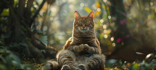 A fabulous fluffy cat sits on a log in a magical forest in the rays of the setting sun. - obrazy, fototapety, plakaty