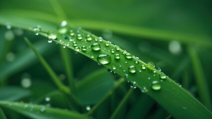 Wet green grass covered in fresh rain dew water drops macro close-up illustration. Realistic detailed nature eco background wallpaper header design concept with blur bokeh effect.