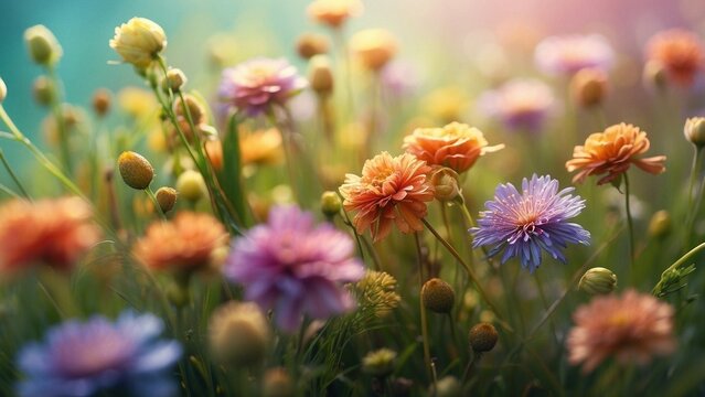 Tender and bright blurry colorful field flowers background. Morning light, mist and soft bokeh effect meadow wallpaper. Artistic summer spring floral botanical photography concept.