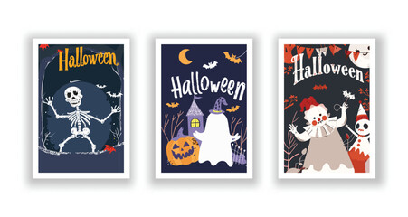 Set of 3 Halloween Card, Poster, hand drawn cute flyer. Postcard with letter 