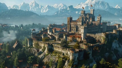 A medieval castle in a video game, with grand halls and royal treasures, - obrazy, fototapety, plakaty