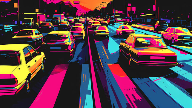 Colorful Illustration of vehicles and cars in busy traffic