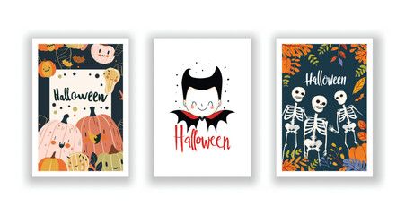 Set of 3 Halloween Card, Poster, hand drawn cute flyer. Postcard with letter "Halloween". Bats, Pumpkins, Zombies, Scarecrows, Witches... Background. Vector illustration