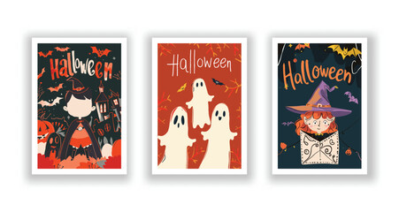 Set of 3 Halloween Card, Poster, hand drawn cute flyer. Postcard with letter 