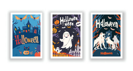 Set of 3 Halloween Card, Poster, hand drawn cute flyer. Postcard with letter "Halloween". Bats, Pumpkins, Zombies, Scarecrows, Witches... Background. Vector illustration
