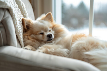 Serene Pomeranian Spitz resting comfortably soft chair near window. Animal sleeping - Powered by Adobe
