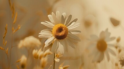 natural chamomile Beige background, close-up, daylight, in the style of simplicity. Dream-like quality high resolution Expensive commercial decoration Complicated commercial details