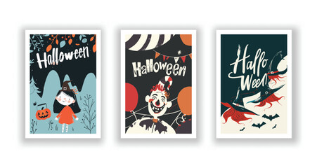 Set of 3 Halloween Card, Poster, hand drawn cute flyer. Postcard with letter 