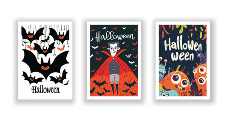 Set of 3 Halloween Card, Poster, hand drawn cute flyer. Postcard with letter 