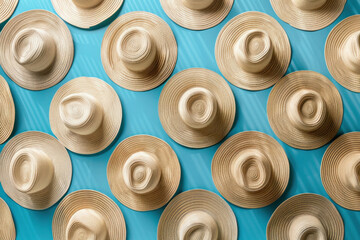 Collection of various stylish hats arranged in a pattern on turquoise background