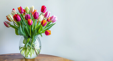 Beautiful fresh tulips bouquet in a transparent glass vase on a wooden table white wall background with a place for text. AI generative