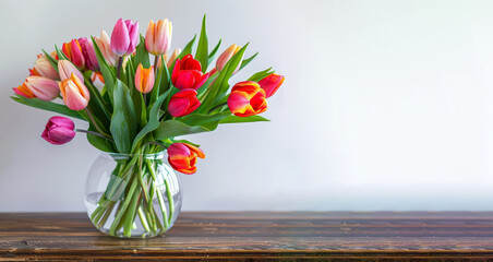 Beautiful fresh tulips bouquet in a transparent glass vase on a wooden table white wall background with a place for text. AI generative