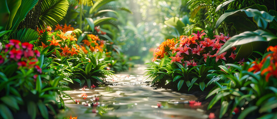 Fototapeta na wymiar Lush Green Garden Pathway, Bright Floral Landscaping, Tranquil Nature and Outdoor Beauty in Sunlight