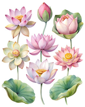 Set of lotus flower elements for stickers and card decorations watercolor style