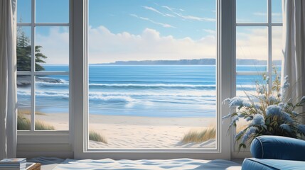 Obraz na płótnie Canvas Illustrate the tranquility of a coastal beach house view through a window, conveying the serene waves and sandy shore with a mix of digital rendering and traditional oil painting