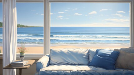 Illustrate the tranquility of a coastal beach house view through a window, conveying the serene waves and sandy shore with a mix of digital rendering and traditional oil painting - obrazy, fototapety, plakaty