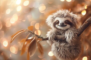 Fototapeta premium A plush sloth clings to a branch, surrounded by a magical bokeh light backdrop