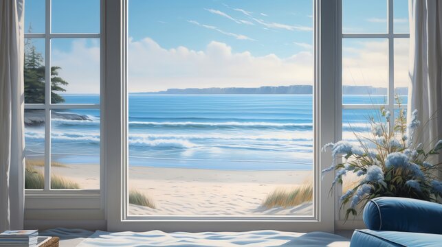 Illustrate the tranquility of a coastal beach house view through a window, conveying the serene waves and sandy shore with a mix of digital rendering and traditional oil painting