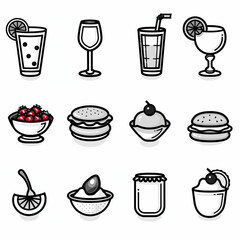 The image features a collection of twelve stylized food and beverage icons