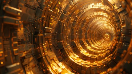 Closeup of amber light at end of futuristic tunnel, with spiral metal pattern