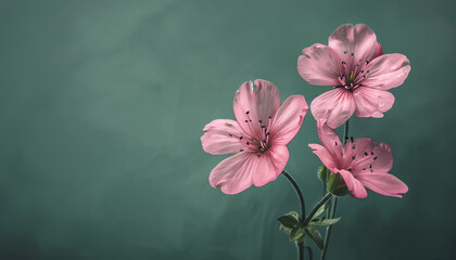 Fototapeta na wymiar three pink flowers are in a green background,