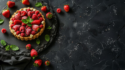 Strawberry raspberry tart mint leaves sugar dark backdrop. Gourmet sweet dessert bakery. Copy space